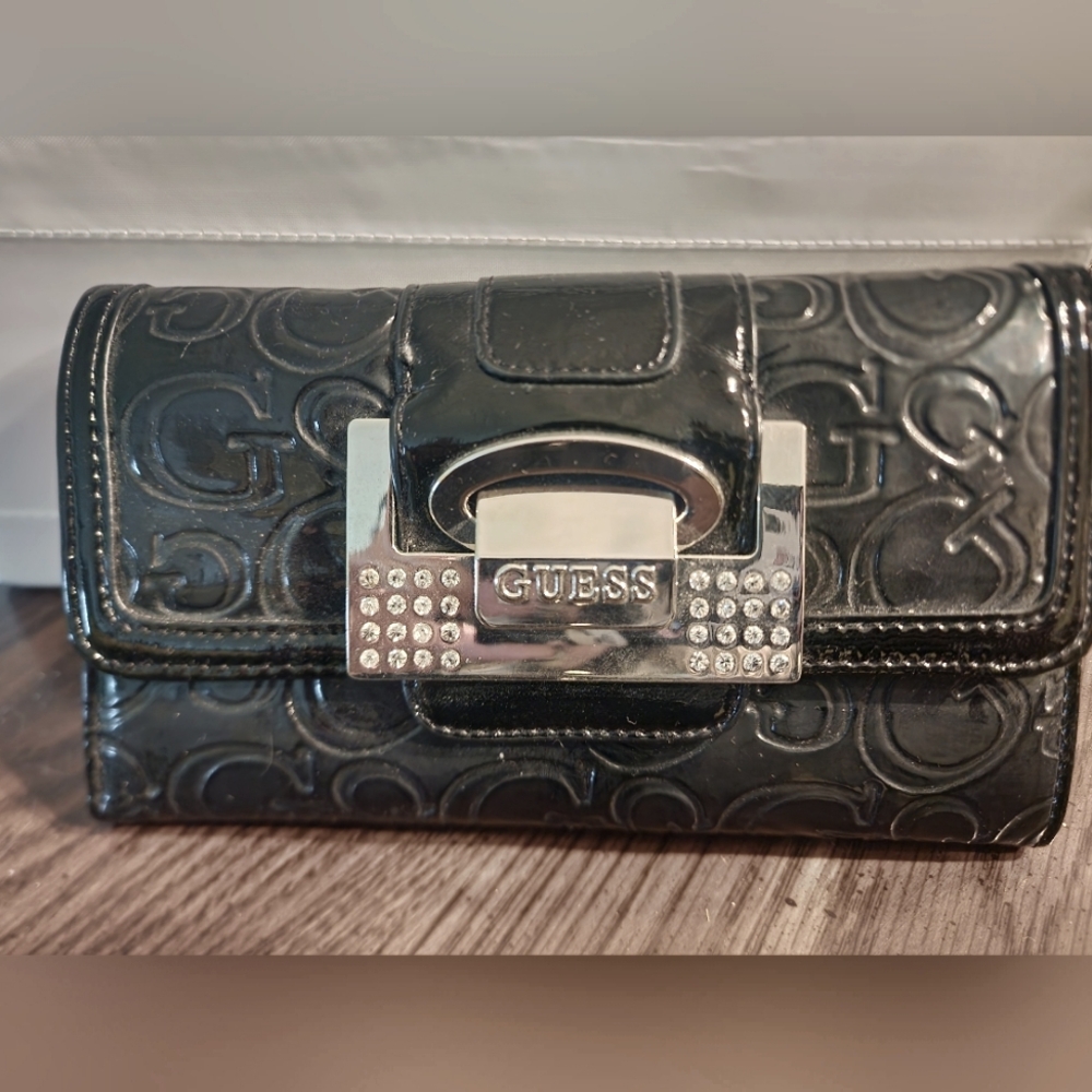 GUESS Black Faux Leather Rhinestone Monogram Trifold Wallet